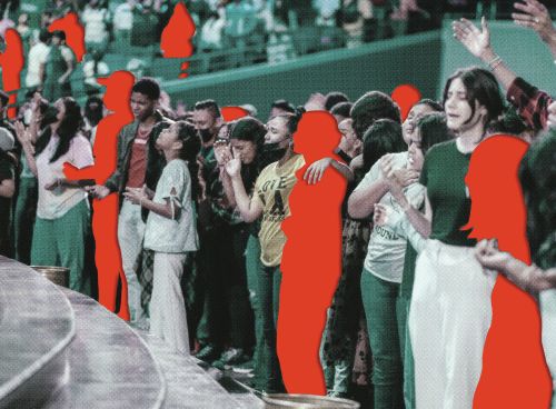 a crowd of people standing in bleachers some of whom are replaced by red blank outlines indicating they are no longer among the crowd